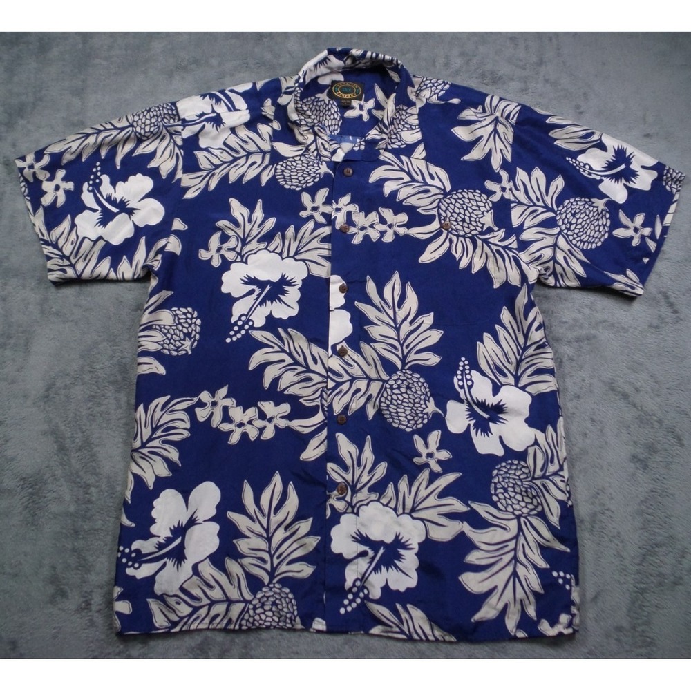 Hawaiian Silk Company Shirt Mens Size Large Blue Button‎ Up Short Sleeve Floral